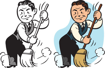 A vintage retro cartoon of a man sweeping away dust with a broom. 