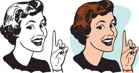 A vintage retro illustration of a smiling woman pointing up.  - obrazy, fototapety, plakaty