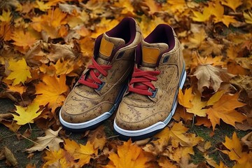 two pairs of converses with autumn leaves on the floor in the background photo - obrazy, fototapety, plakaty