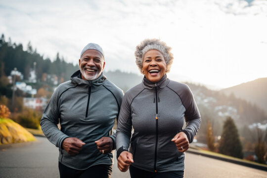 Happy african american senior couple running together outdoors.