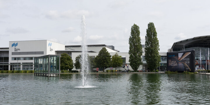 Munich, Bavaria, Germany – Sept. 03, 2023: west entrance of the Munich trade fair while the „IAA mobility 2023“ 