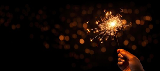 A hand holding a sparkler on a black background