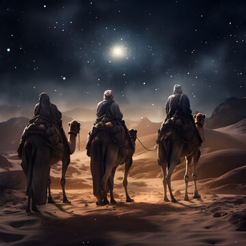 The three wise men following the Star of Bethlehem. A Biblical concept depicting the wise men traveling to the birth of Jesus Christ. Generative ai. 