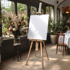 White Board canvas on wood easel in the garden, welcome sign, Seating chart Mockup, Easel Sign Mockup, Wedding Sign Mockup, Welcome Sign Mockup, Easel Mockup, Baby Shower Mockup, 3d render
