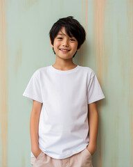 Boy wear white T-shirt on colorful background Kid mock-up clothing for designer
