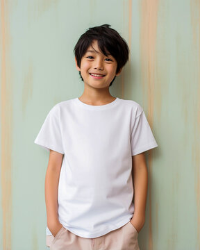 Boy wear white T-shirt on colorful background Kid mock-up clothing for designer