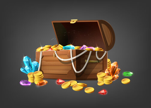 Vector cartoon style icon illustration. Wooden treasure chest with jewelery, jems and gold.