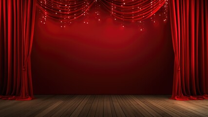Red stage curtain with glittery stars over wooden floor with festive ambience, layout for new year wishes and celebration background with copy space for text - obrazy, fototapety, plakaty