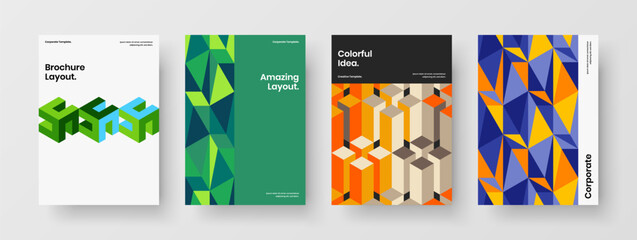 Modern corporate brochure design vector illustration bundle. Multicolored geometric hexagons pamphlet layout set.