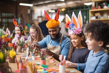 A man with hare ears caring eggs for the Easter holiday