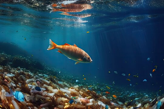 trash floating in the ocean with sunlight shining through the water's surface, creating an underwater scene for this image