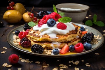 A stack of pancakes with fruit and nuts on top and syrup.