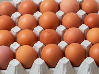 Large chicken eggs are on a paper plate. Eggs for sale. Flatlay photo.
