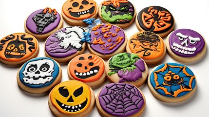 some decorated cookies on a white surface with the words happy halloween written in orange and black letters, all over them - Powered by Adobe