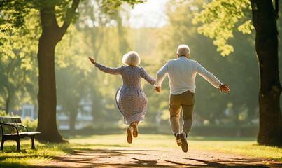 Fototapeta springende tanzende Senioren im Park obraz