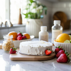 Homemade cake on a white marble counter