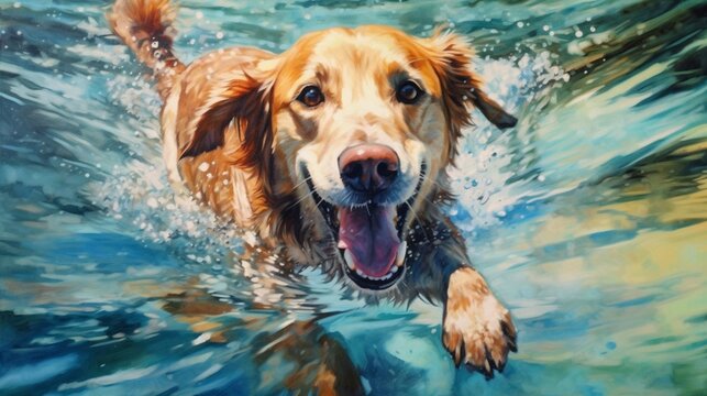 Water color painting of a dog swimming.Generative AI.