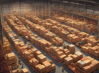 A large import-export warehouse filled with crates of goods boxes and containers logistics industry