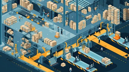 an industrial warehouse with boxes on the floor and people working in the warehouse, illustration by person for their website