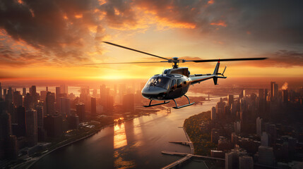 a helicopter flies over a city - obrazy, fototapety, plakaty