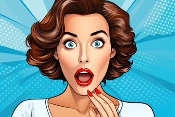 Tuinposter Pop art retro comic depiction of a woman, with eyes wide open and mouth agape, embodying surprise or fear. © Sascha