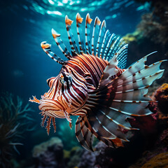 Naklejka na ściany i meble Underwater view of a predatory Lionfish. A sea and ocean life concept depicting a majestic Lionfish. Generative ai. 