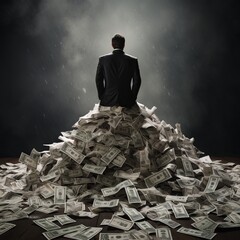 A man in a suit is seated on a pile of money. Greed, money, business, politics Image concept. - obrazy, fototapety, plakaty