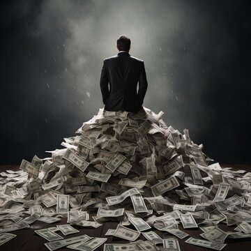 A man in a suit is seated on a pile of money. Greed, money, business, politics Image concept.