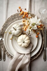 an autumn table setting with white pumpkins, flowers and leaves on a gray linen placemat for thanksgiving dinner