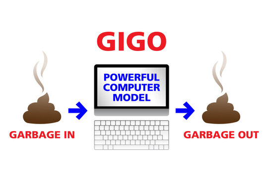 Garbage in, garbage out (GIGO). Concept in computer science. Flawed, or nonsense input data produces nonsense output. An alternative wording is rubbish in, rubbish out. Isolated illustration. Vector.