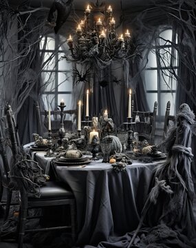 a table set for halloween dinner with candles, skulls and skeletons in the middle of the table there is a large black chandel
