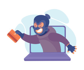 Cyber Swindler Man in Mask Look from Laptop Screen with Card Hacking Internet Steal Money Vector Illustration
