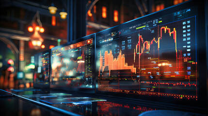Active trading depicted on virtual screens