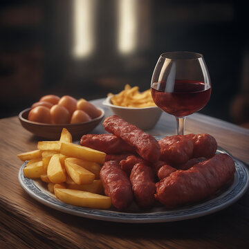Plato con chorizos patatas fritas y una copa de vino clarete 