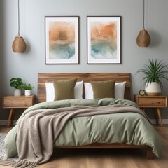 The stylish boho compostion at bedroom interior with design, natural colors, wooden table, commode and elegant personal accessories. Honey yellow pillow and plaid. Cozy apartment. Home decor