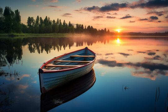 Serene scene of a boat on at sunrise/sunset © Guido Amrein