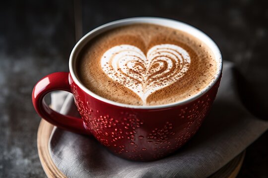Cappuccino with heart decoration over foam. Valentine's day cup. Love concept. High quality photo