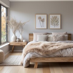 The stylish boho compostion at bedroom interior with design, natural colors, wooden table, commode and elegant personal accessories. Honey yellow pillow and plaid. Cozy apartment. Home decor
