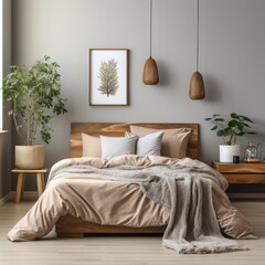 The stylish boho compostion at bedroom interior with design, natural colors, wooden table, commode and elegant personal accessories. Honey yellow pillow and plaid. Cozy apartment. Home decor