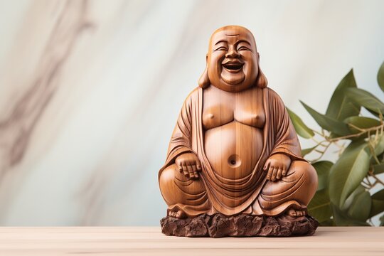 Laughing Buddha statue on white wooden background with copy space to write
