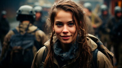 Fototapeta premium military woman with rifle in military style in the city