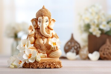 Bhagwaan Ganesh composition on white wooden background with copy space