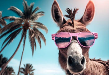 A funny donkey in sunglasses and a hat walks merrily against the backdrop of a seascape with palm trees. AI Generated - obrazy, fototapety, plakaty