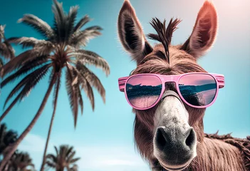 Fotobehang A funny donkey in sunglasses and a hat walks merrily against the backdrop of a seascape with palm trees. AI Generated ©  iiulia