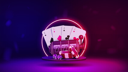 A podium with cards, chips and dice for poker, a slot machine for playing in a casino. A platform with a neon shiny frame on a blue-pink background.