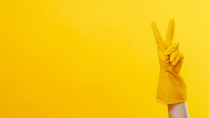 Janitor services. Professional cleaning. Houseworker hand in protective gloves victory sign gesture isolated on yellow background empty space.