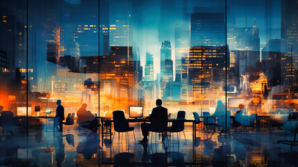 Digital silhouettes of bustling offices - obrazy, fototapety, plakaty