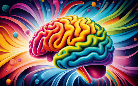 Colorful human brain illustration, abstract human brain with rainbow colors