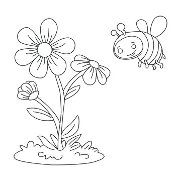 Black silhouettes of grass, flowers and herbs isolated on white background. Hand drawn sketch flowers and insects.