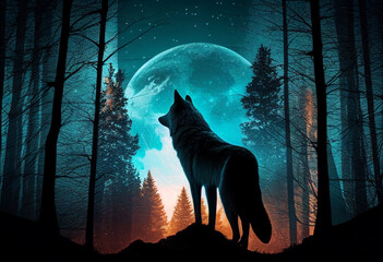 The wolf is looking at the moon. AI Generated